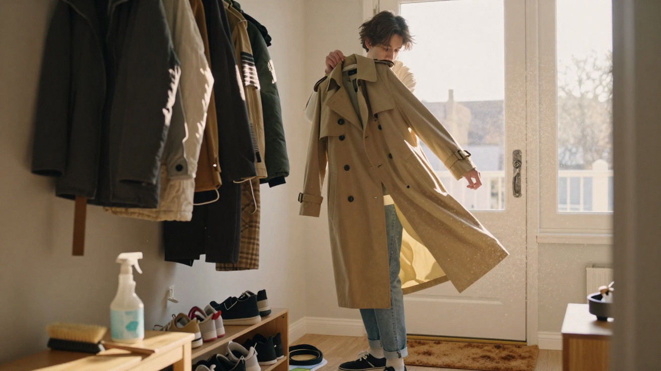 Eine Person zieht in einem hellen Flur beige Trenchcoat an, neben Garderobe mit Jacken und Schuhen.
