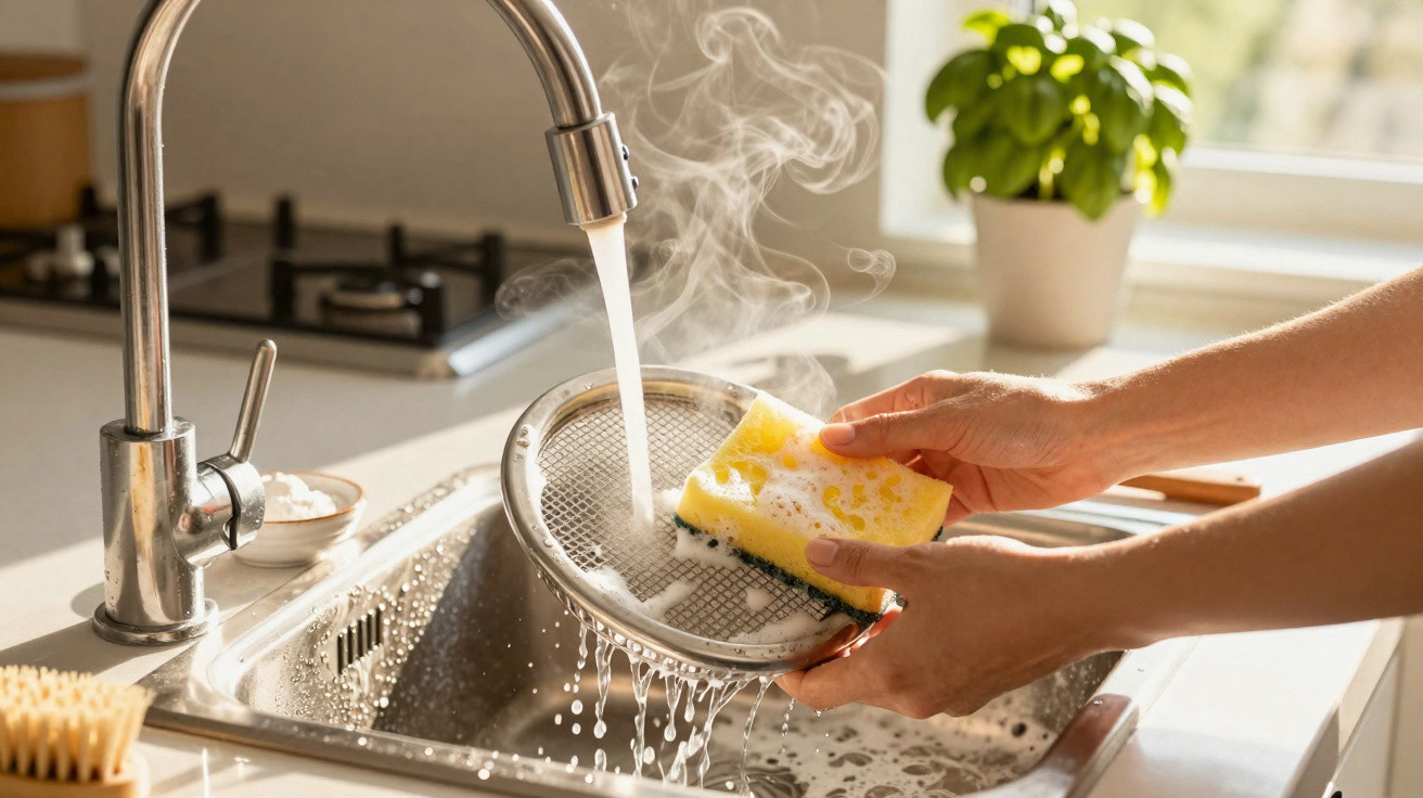 Hände reinigen ein dampfendes Sieb mit Schwamm unter fließendem Wasser in moderner Küche.