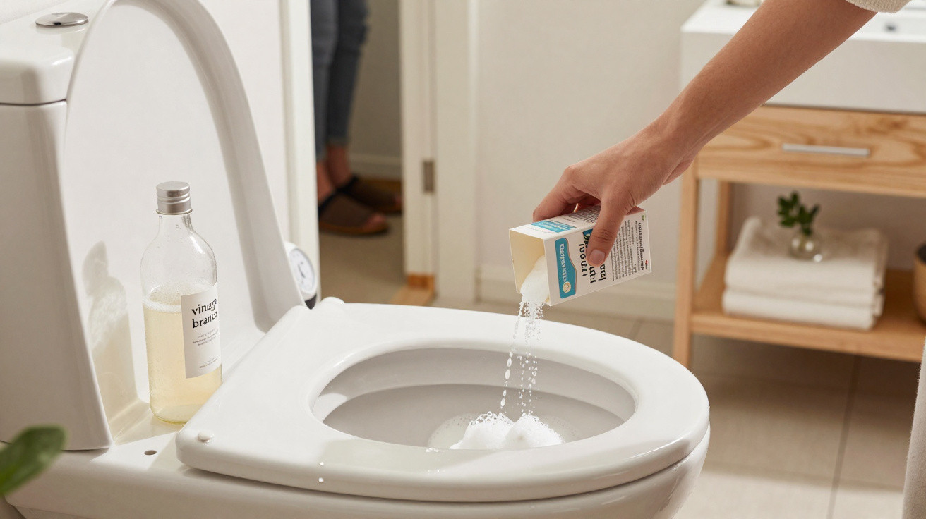 Hand schüttet Natronpulver in eine Toilettenschüssel zur Reinigung, Flasche Essig im Hintergrund auf Boden.