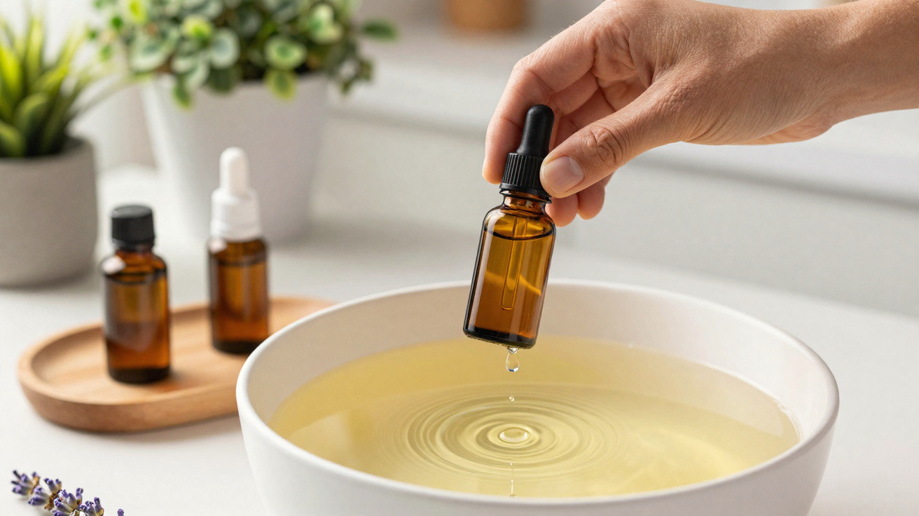 Hand tropft ätherisches Öl aus brauner Pipettenflasche in weiße Schale mit Wasser, Pflanzen im Hintergrund.