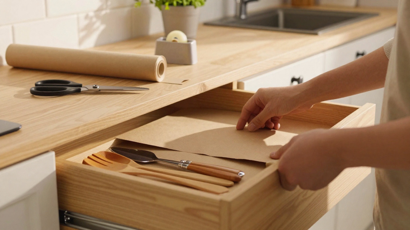 Person legt braunes Papier in Schublade mit Holzbesteck in moderner Küche mit Holzarbeitsplatte.