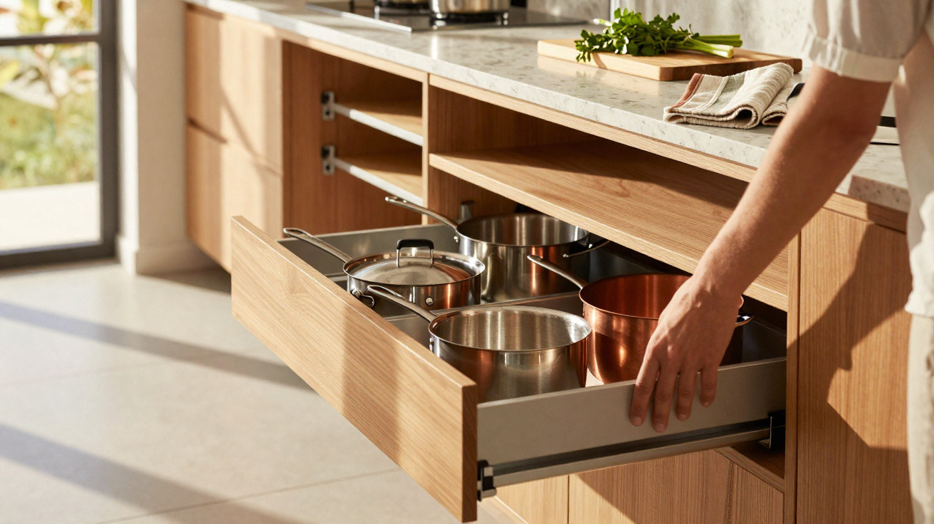 Hand öffnet Holzschublade mit Metalltöpfen in moderner Küche mit Arbeitsplatte und Kräutern.