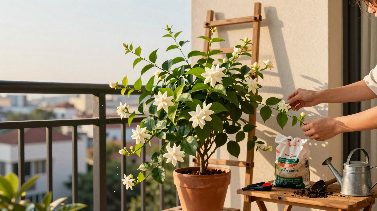 Person pflegt blühende weiße Gartenienpflanze auf Balkon mit Blumenerde und Gießkanne bei Sonnenlicht.