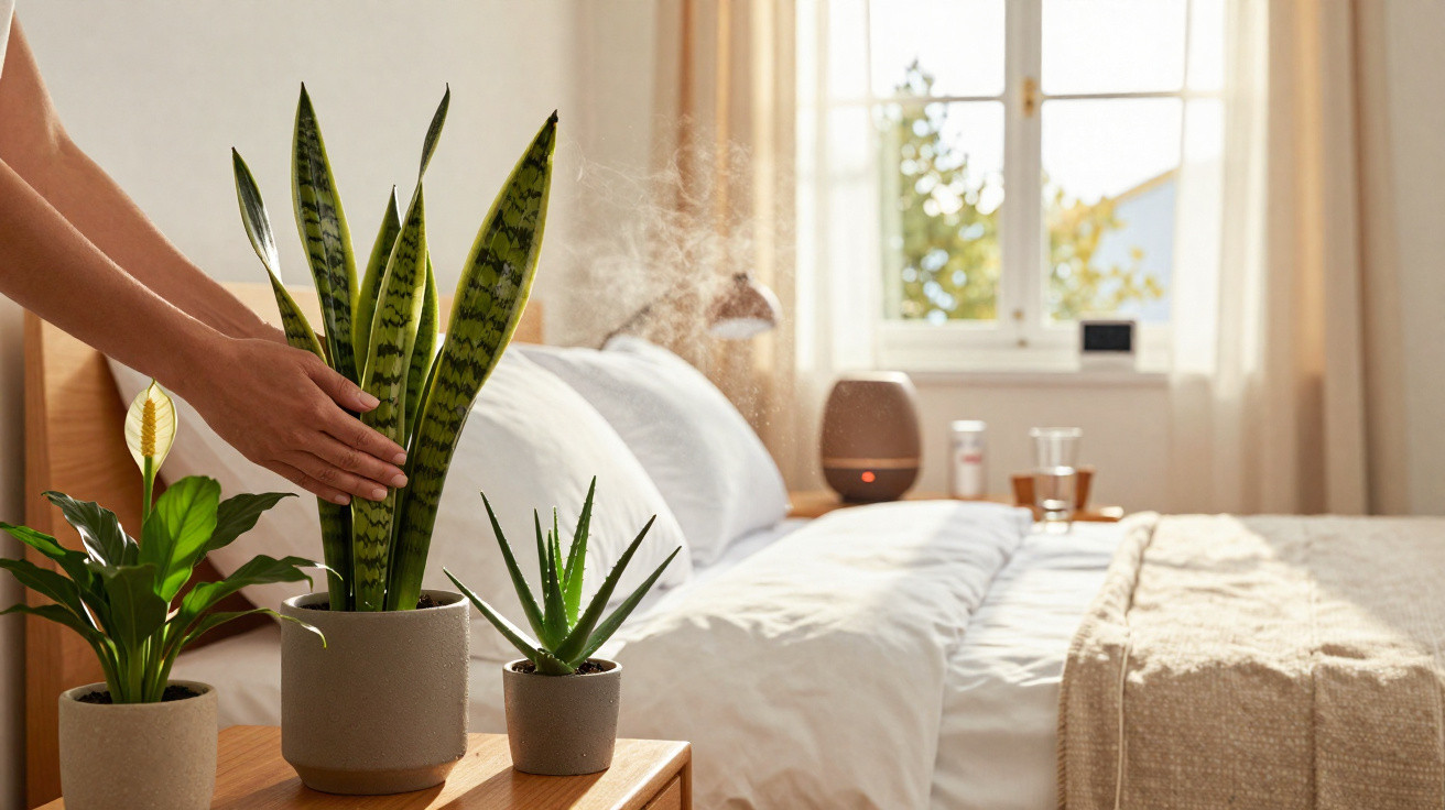 Drei Zimmerpflanzen auf Nachttisch, Hand berührt große Pflanze, helles Schlafzimmer mit Bett und Fenster im Hintergrund.