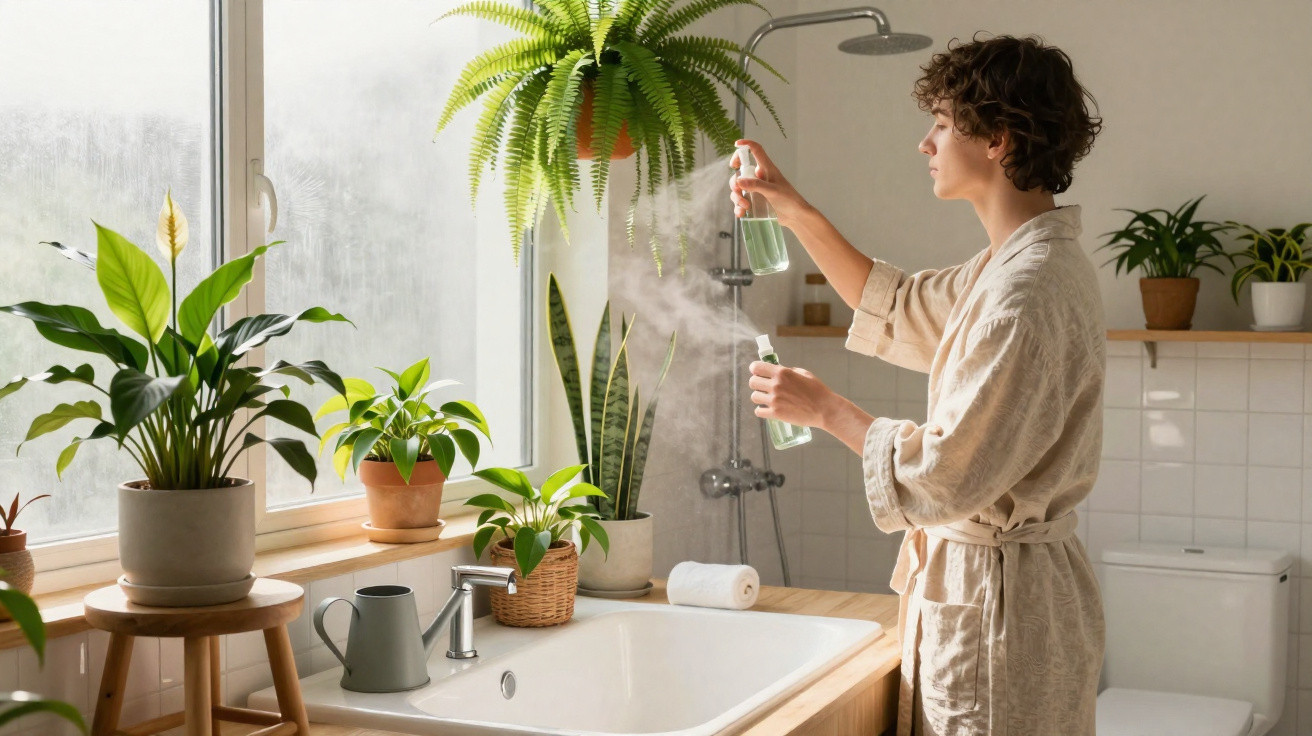Person im Bademantel besprüht grüne Zimmerpflanzen im hellen Badezimmer mit Fensterlicht.