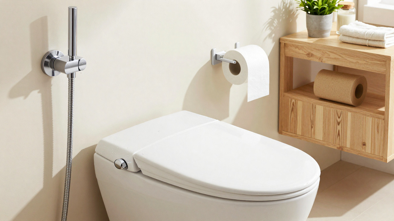 Moderner weißer WC-Sitz mit Bidet-Dusche, Toilettenpapierhalter und Holzmöbel mit Pflanze im Badezimmer.