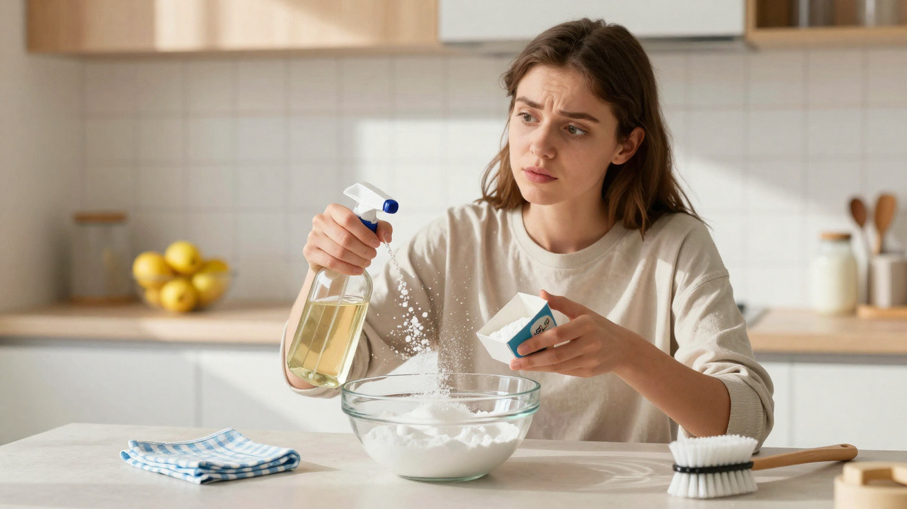 Frau in der Küche mischt Sprühflasche und Backpulver in einer Glasschüssel, unsicherer Blick.