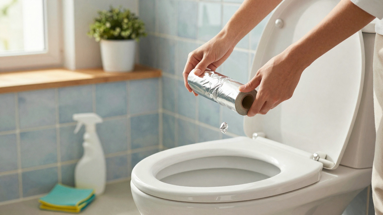 Person entsorgt Alufolie in einer Toilette in einem hellen Badezimmer mit blauen Fliesen.