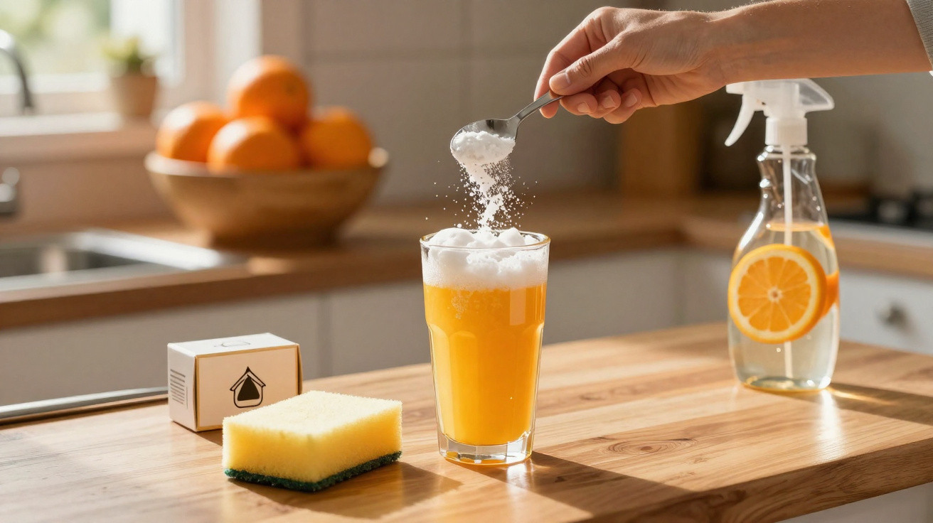 Hand streut Pulver in Glas mit orangem Getränk, Schwamm und Sprühflasche mit Zitrone auf Holztheke