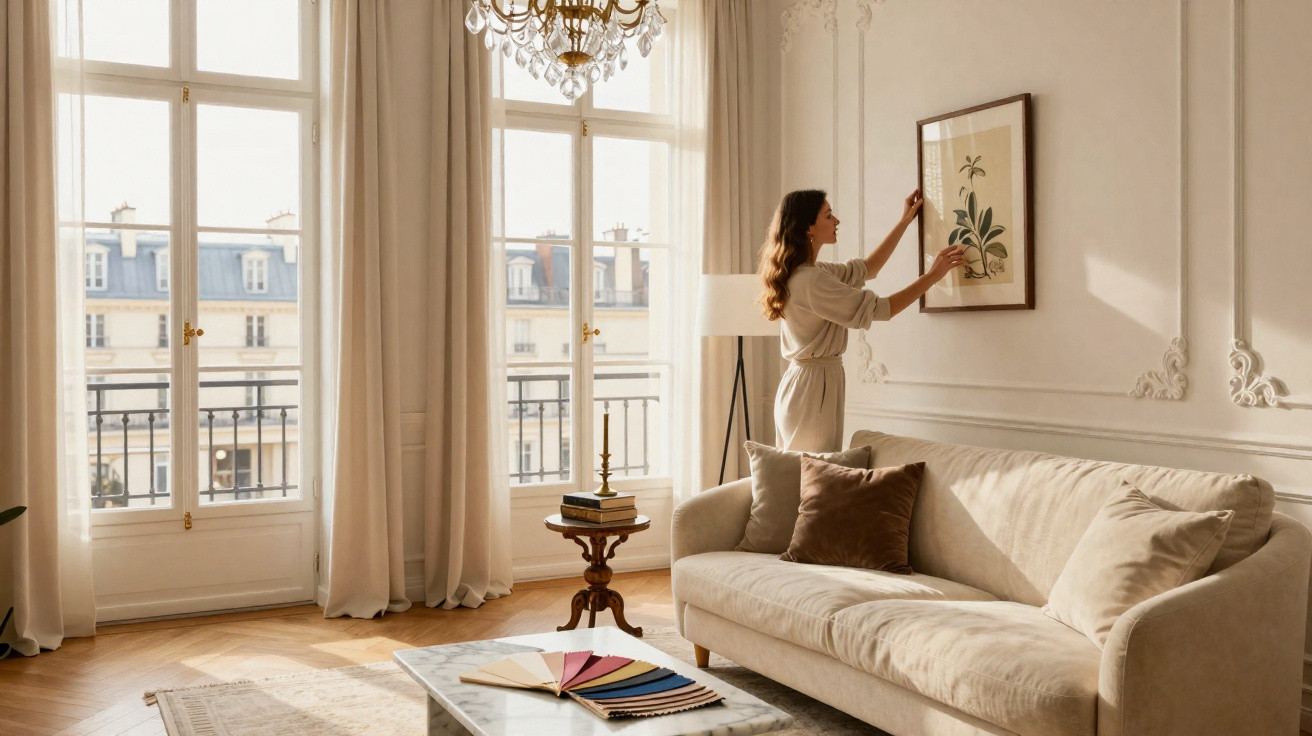 Frau hängt Kunstbild in hellem Wohnzimmer mit Fensterfront, beigem Sofa und Beistelltisch auf.