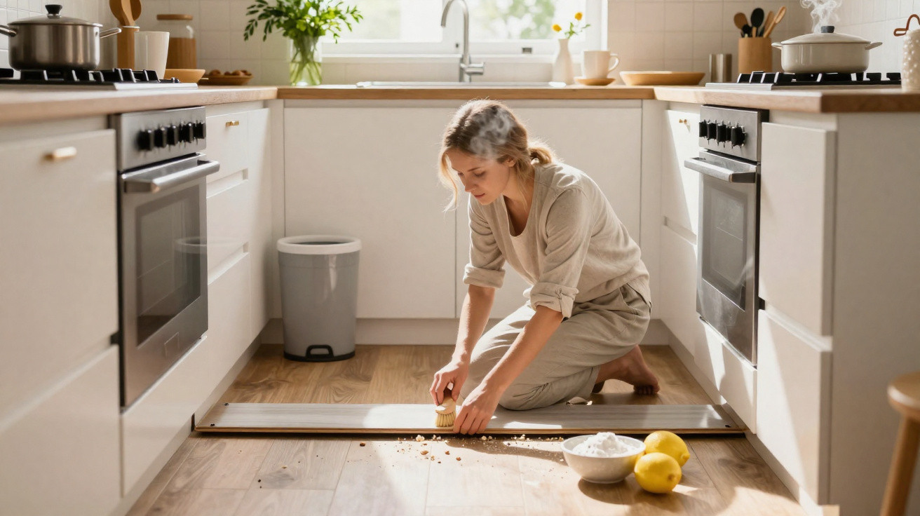 Frau kniet in heller Küche und kehrt Krümel mit Handfeger vom Holzboden auf, Zutaten und Müllkorb im Hintergrund.