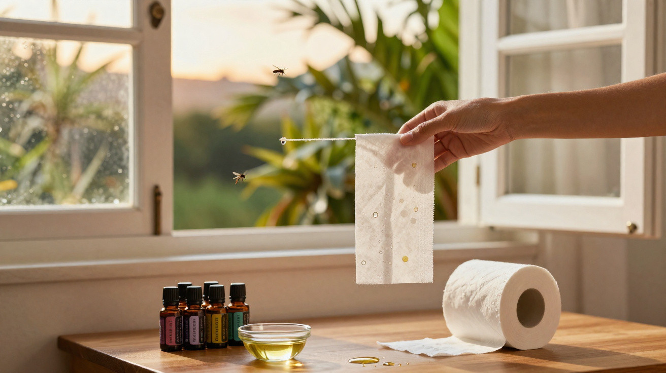 Hand hält selbstgemachte Fliegenfalle aus Papier vor offenem Fenster mit Ölen und Toilettenpapier auf Tisch.