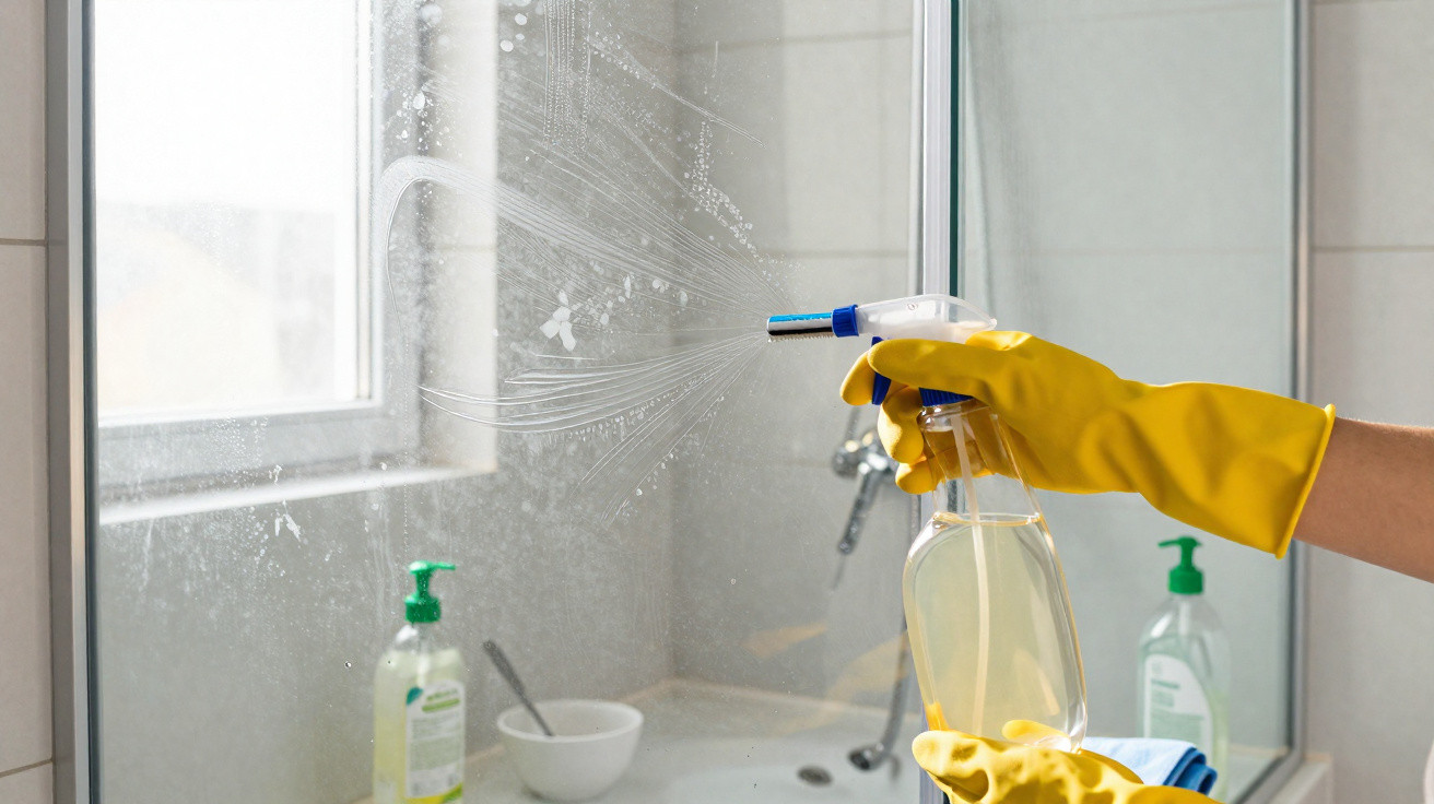 Hand mit gelben Handschuhen sprüht Reinigungsmittel auf Duschglas im Badezimmer.