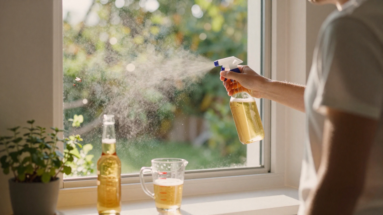 Person sprüht mit einer Sprayflasche Wasser auf ein Fliegenfenster neben Getränkeflaschen am Fensterbrett.