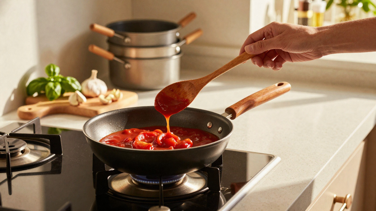 Hand hält Holzlöffel über Pfanne mit kochender Tomatensauce auf Gasherd in heller Küche.
