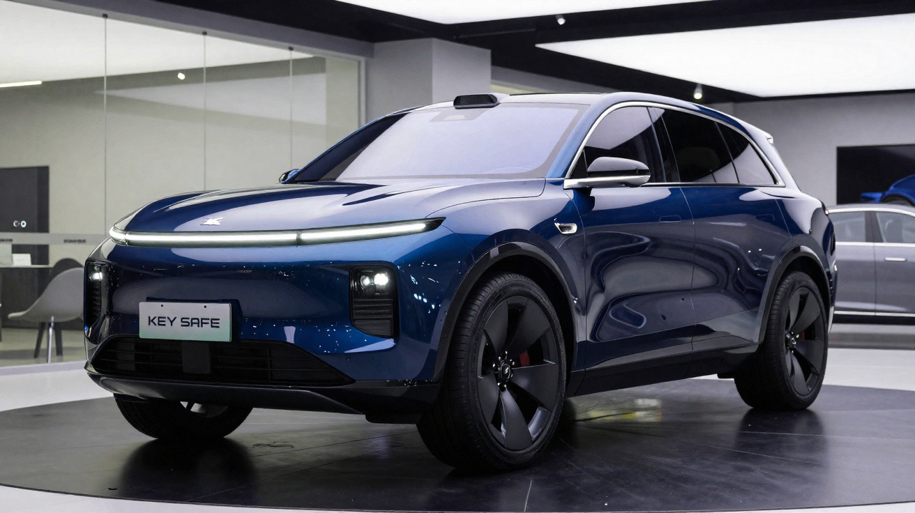 Blaues, futuristisches Elektro-SUV mit schwarzem Dach und großen schwarzen Felgen in Ausstellungshalle.