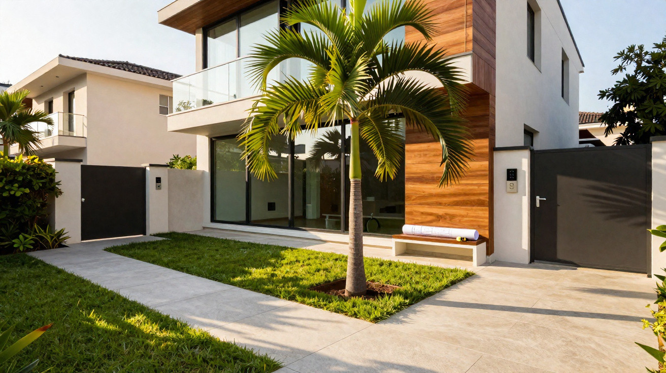 Moderner Wohnhaus mit Holzverkleidung, großem Erkerfenster, Palmen und gepflegtem Vorgarten.
