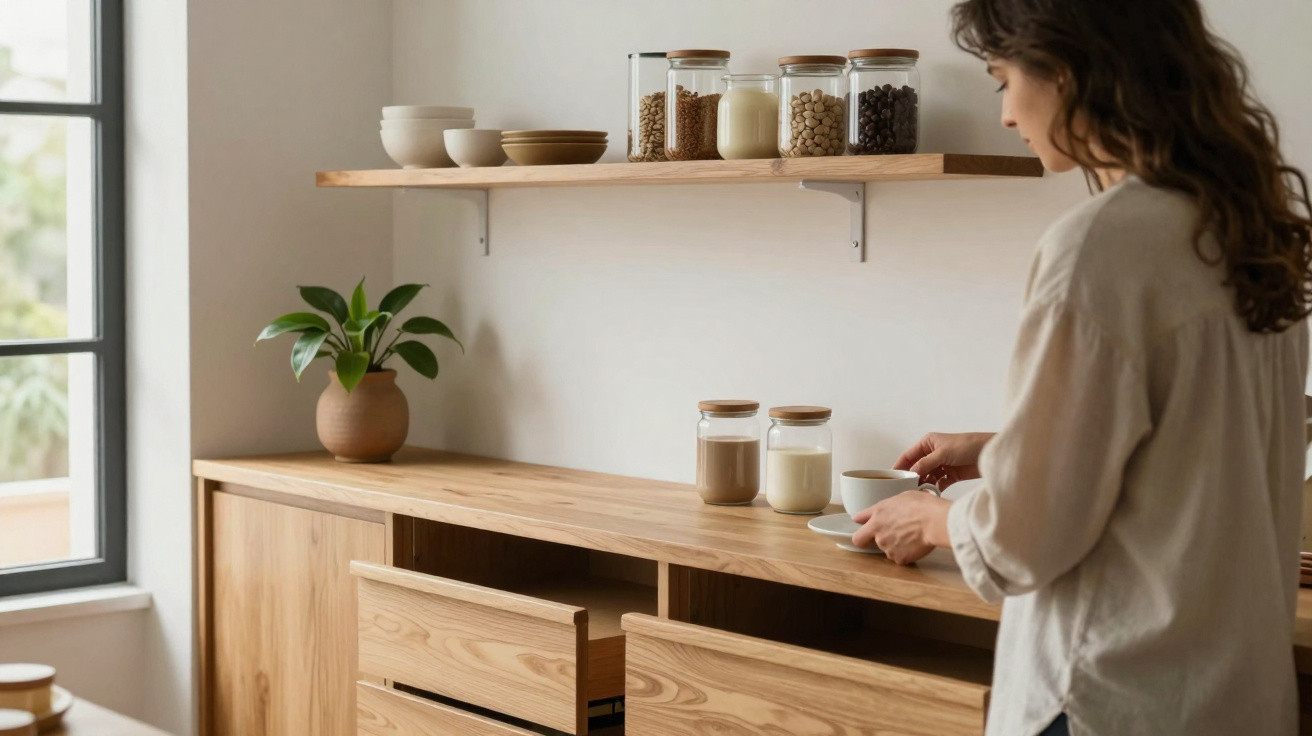 Frau in heller Bluse in moderner Küche mit Holzregal und Vorratsgläsern, die eine Tasse hält.