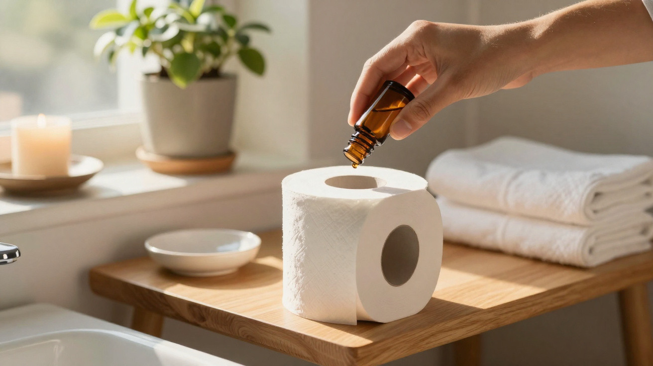 Hand tropft Duftöl auf Toilettenpapierrolle auf Holzablage im hellen Badezimmer mit Handtüchern.