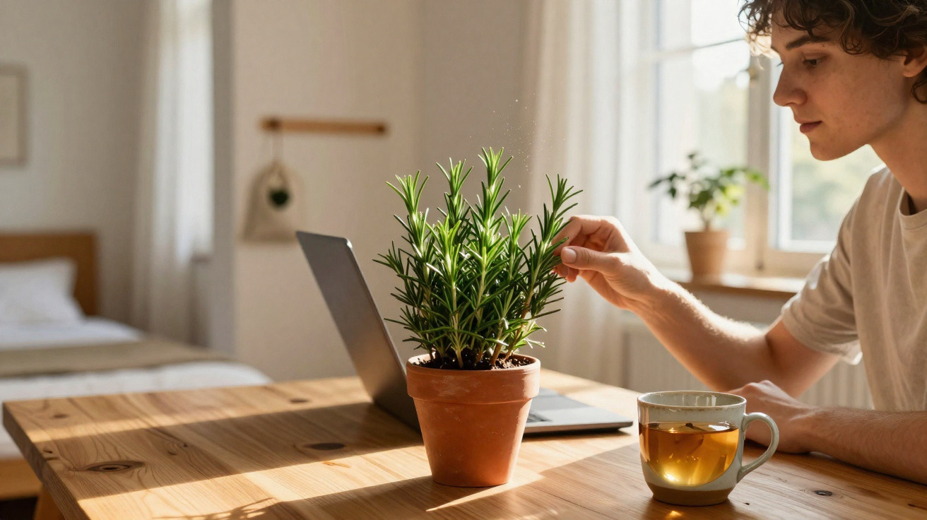 Junge Person sitzt an Holztisch mit Laptop, hält Pflanze und hat Tasse Tee, heller Raum mit Fenster im Hintergrund.