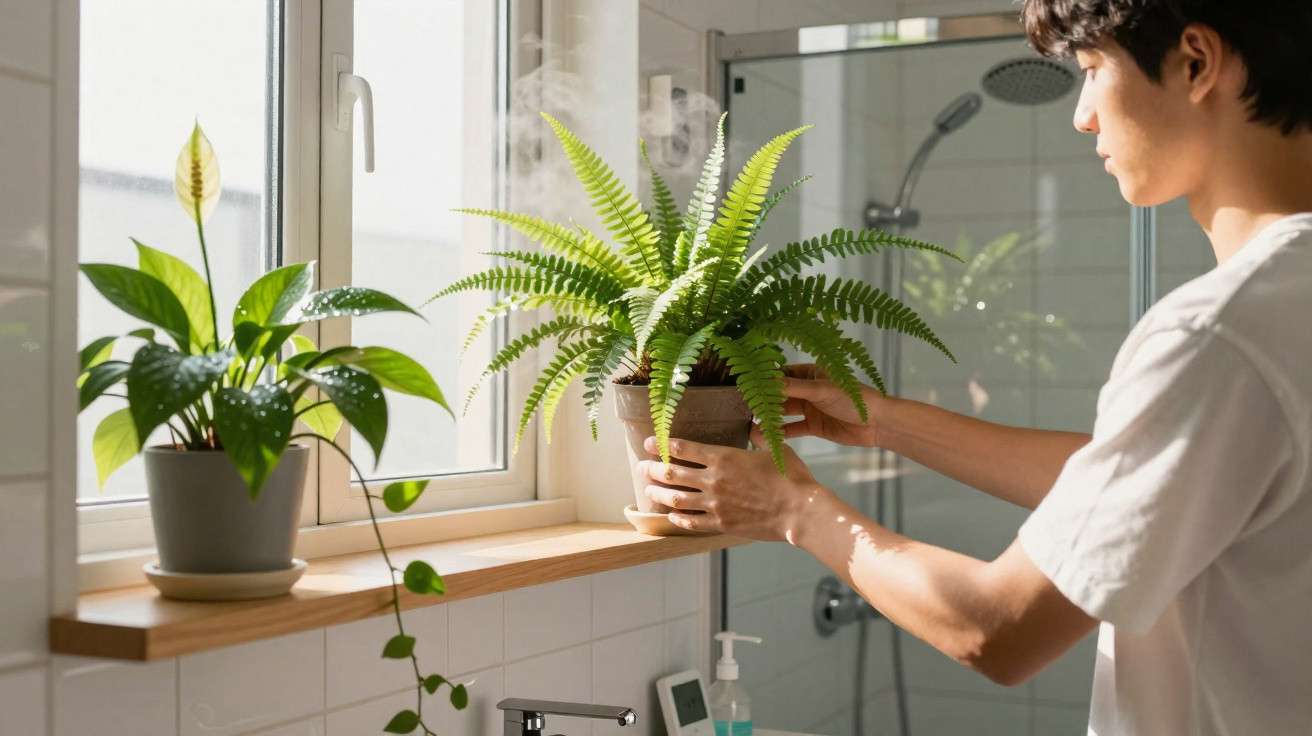 Junger Mann stellt einen Farn auf ein Fensterbrett neben eine weitere grüne Zimmerpflanze in hellem Badezimmer.