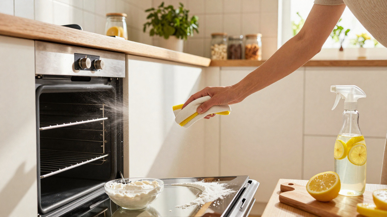 Person sprüht Backofenreiniger in einen offenen Backofen in einer hellen Küche mit Zitrone und Sprayflasche.