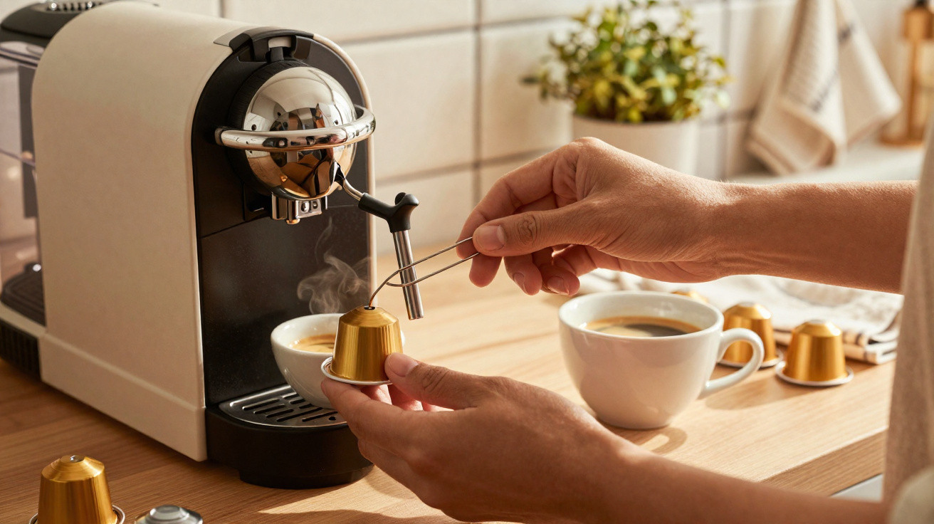 Person entfernt gebrauchte Kaffeekapsel mit Werkzeug aus Espressomaschine in heller Küchenumgebung.