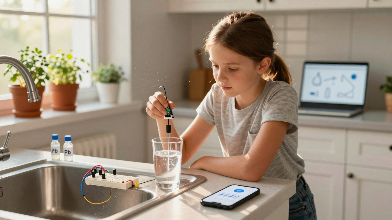 Mädchen misst mit Sensor Wasserqualität in Glas, Smartphone und Laptop zeigen Daten in moderner Küche.