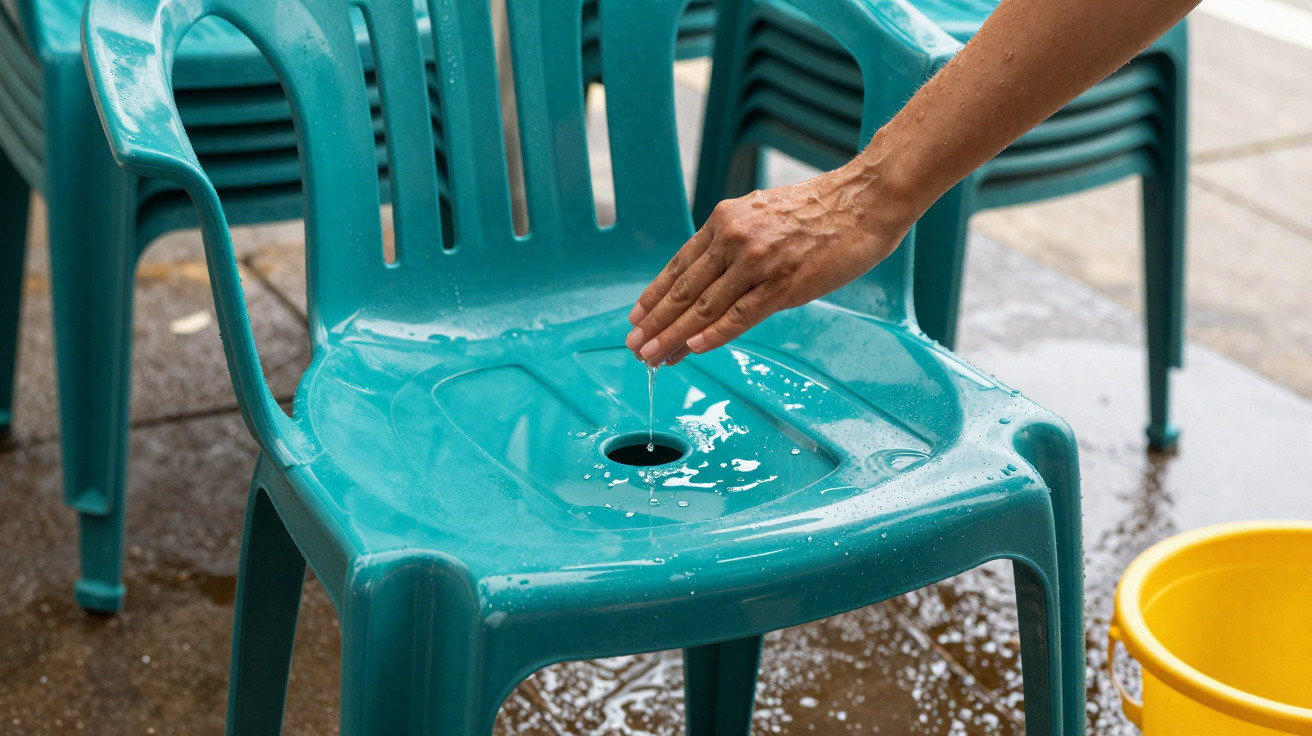 Hand hält Wasser, das durch Loch in türkisfarbenem Kunststoffstuhl tropft, gelber Eimer daneben.