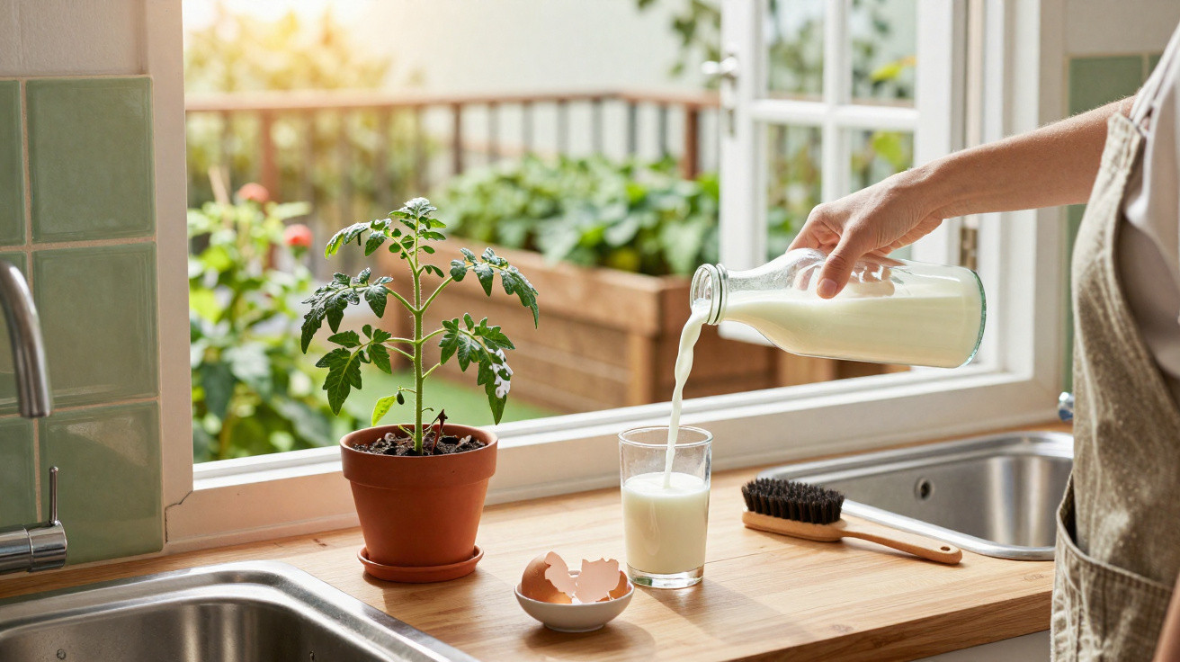 Hand gießt Milch aus einer Glasflasche in ein Glas auf einer Küchenarbeitsplatte mit Topfpflanze und Eier-Schalen.