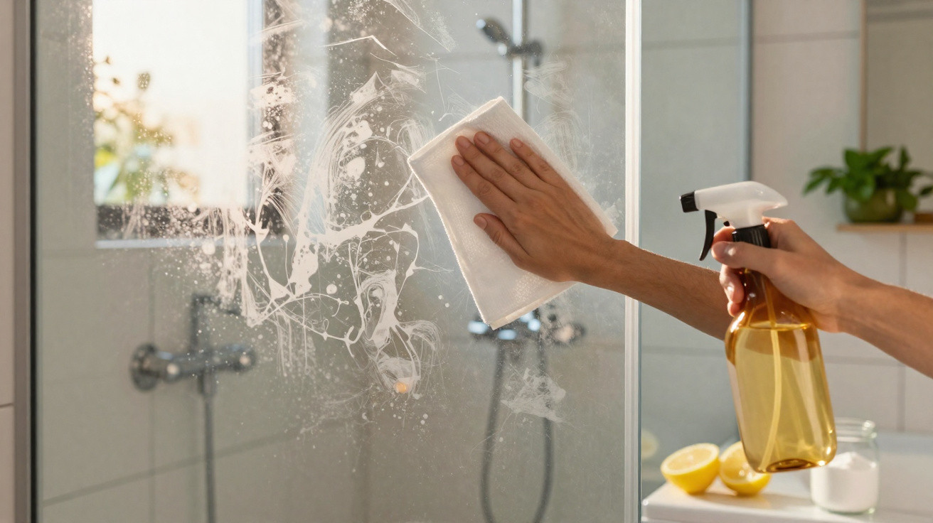 Person reinigt mit Tuch und Sprühflasche eine glasdusche im Badezimmer.