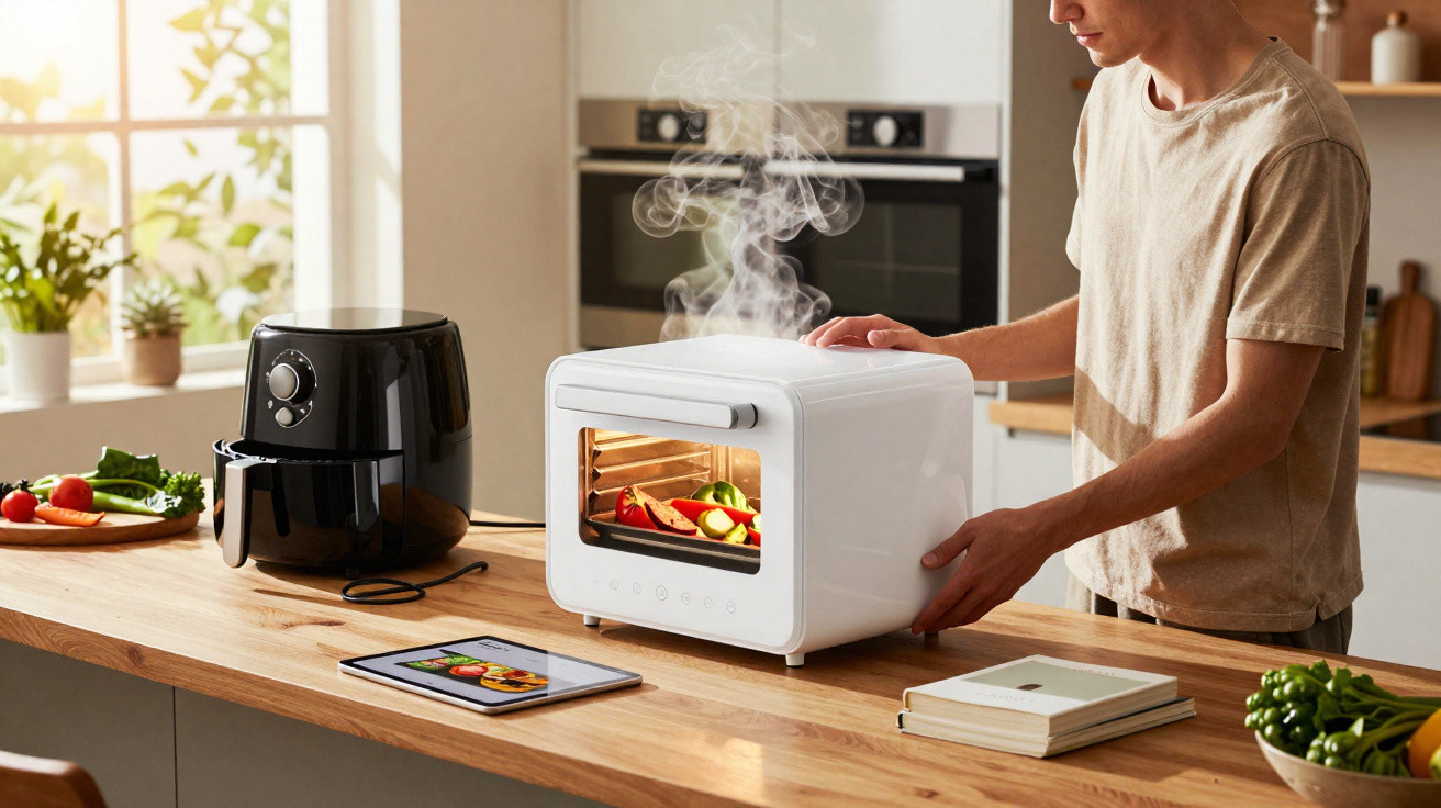 Mann bedient einen weißen Mini-Backofen mit dampfenden Gemüse im modernen Küchentresen.