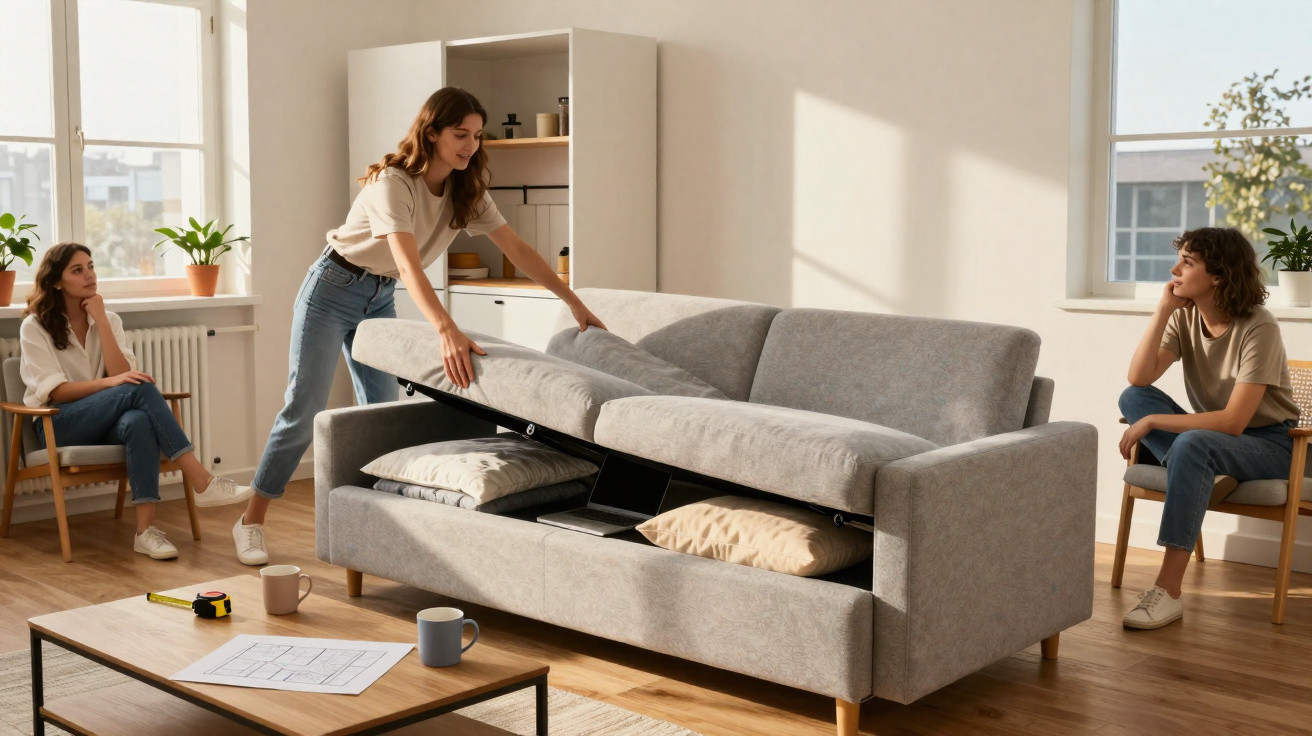 Drei Frauen mit Jeans im hellen Wohnzimmer, eine hebt Sitzfläche eines grauen Sofas mit Stauraum an.