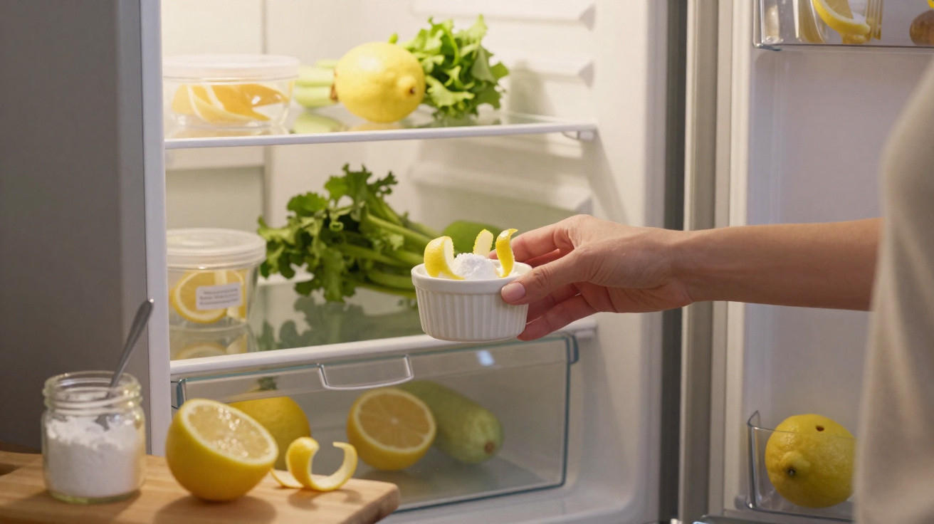 Hand stellt Schale mit Backpulver und Zitronenschalen in Kühlschrank mit Obst und Gemüse.