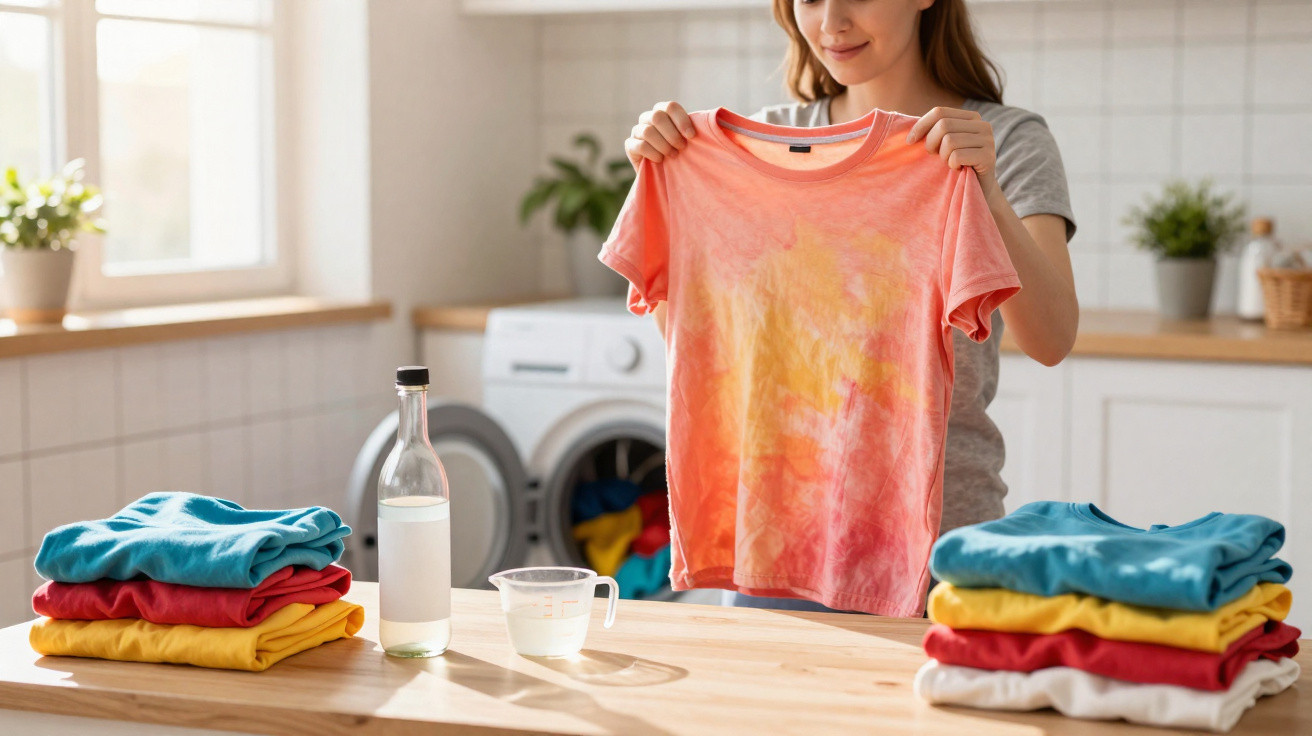 Frau hält ein frisch gefärbtes orangerotes T-Shirt in der Waschküche mit Wäschestapeln auf dem Tisch.