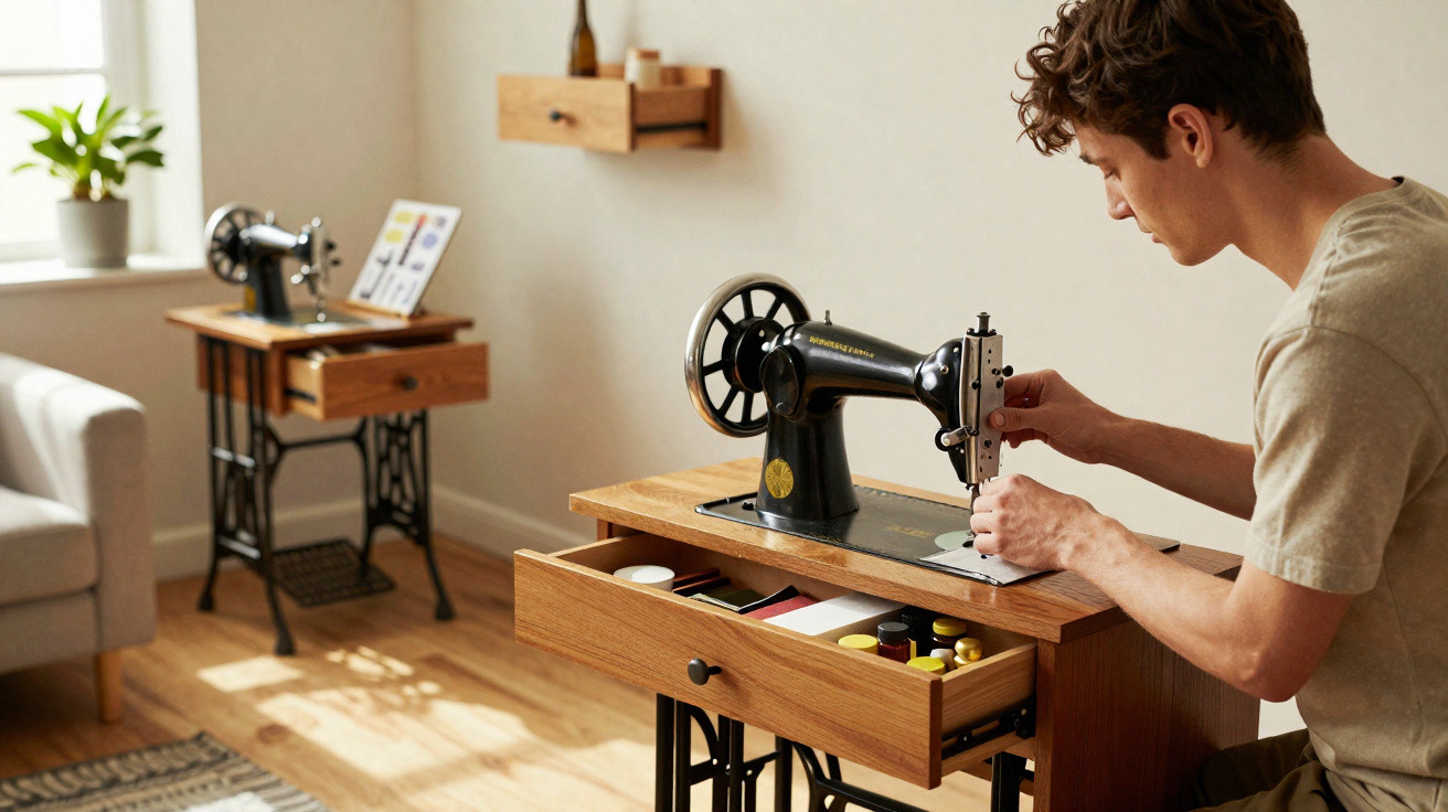 Junger Mann arbeitet an einer alten Nähmaschine in einem hellen, gemütlichen Raum mit Holzmöbeln.