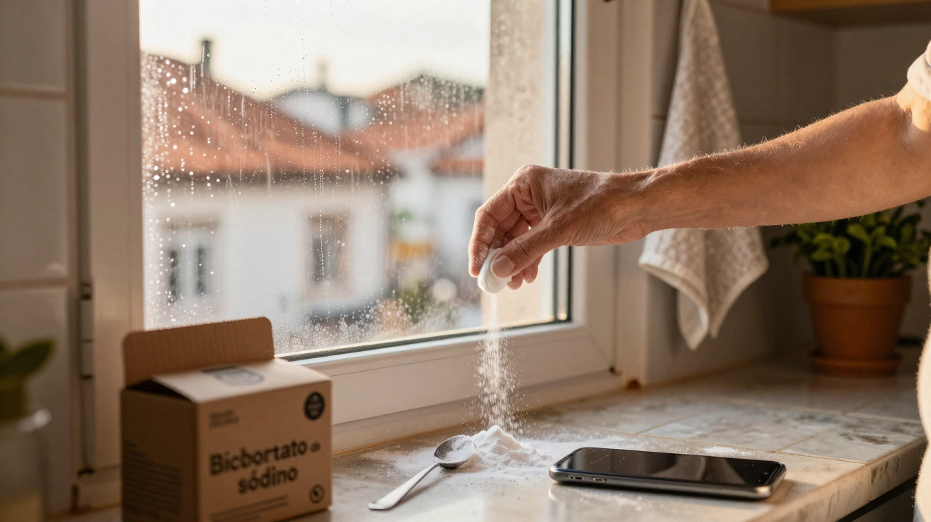 Hand streut Natronpulver aus Box auf Küchenfensterbank neben Löffel und Smartphone bei trübem Wetter.