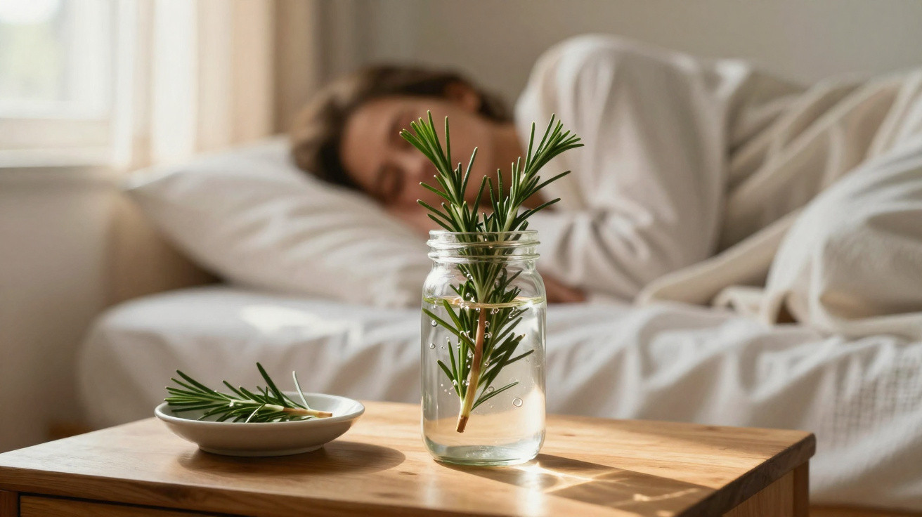 Ein Glas mit Rosmarin auf einem Holztisch, im Hintergrund schlafende Person im Bett.