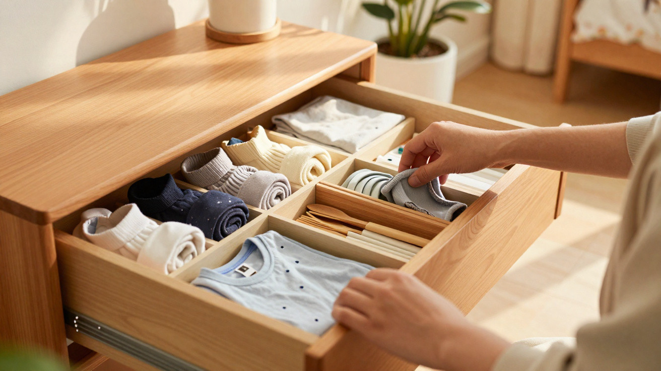 Geordnete Schublade mit ordentlich gefalteter Kleidung und Socken in einem hellen Schlafzimmer.
