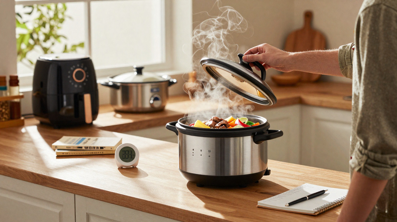 Dampfend heißer Eintopf mit Gemüse in einem offenen Slow Cooker auf einer Küchenarbeitsplatte.