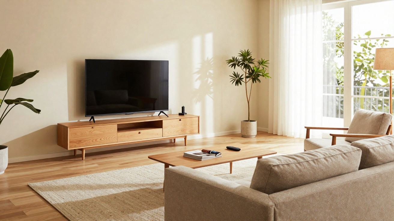 Helles Wohnzimmer mit beigem Sofa, Holz-TV-Möbel, großem Flachbildfernseher und Pflanzen neben Balkontür.
