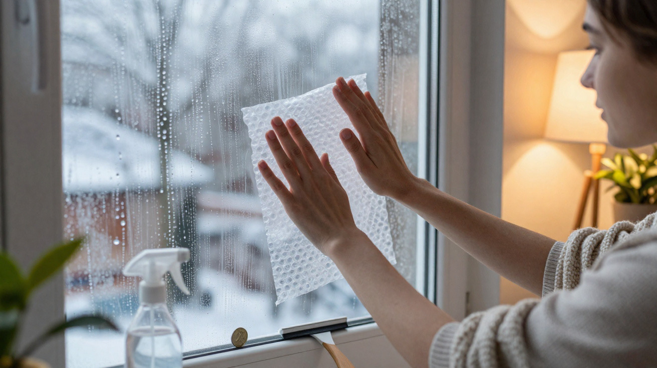 Frau legt Luftpolsterfolie zur Isolierung an ein beschlagenes Fenster während draußen Schnee liegt.