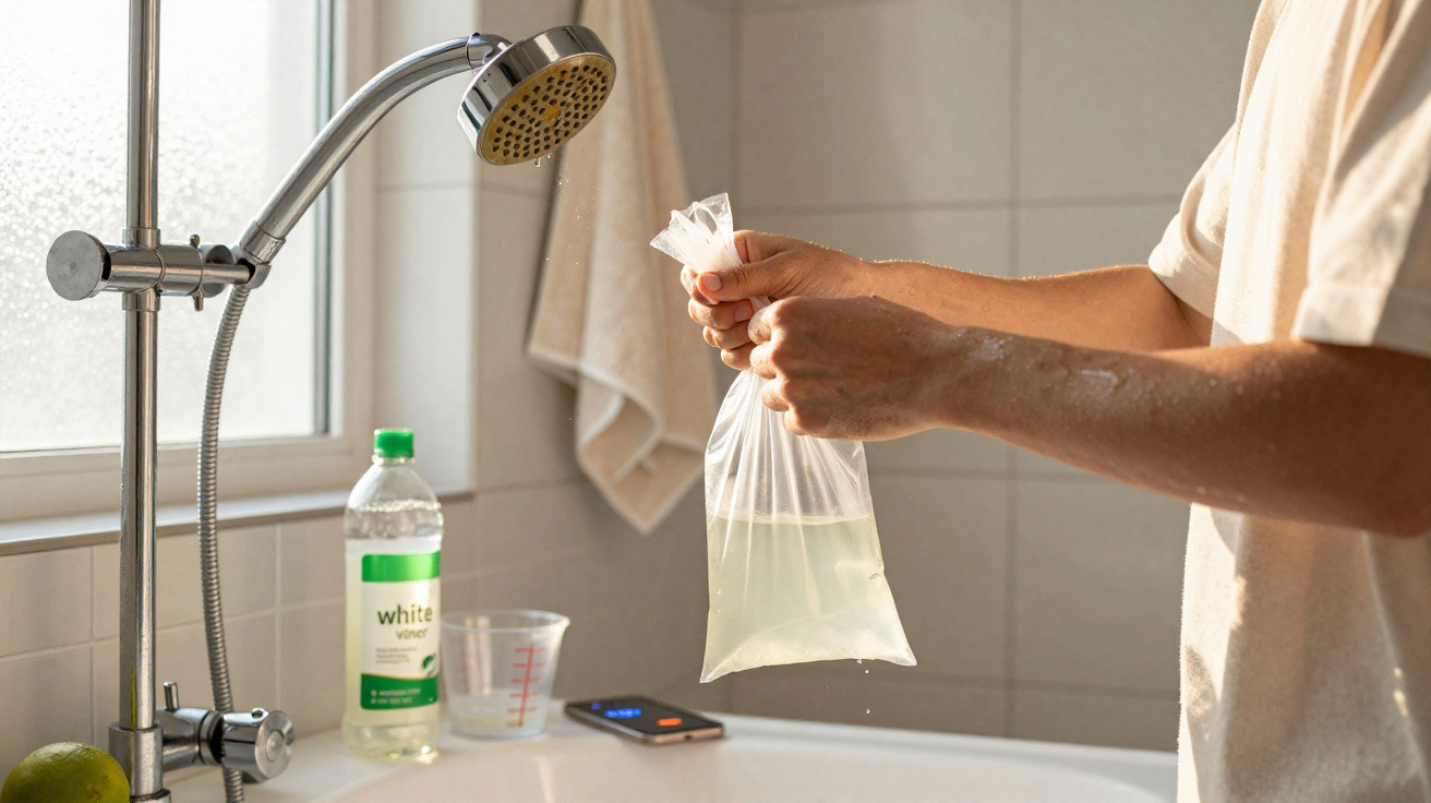 Person hält eine Plastiktüte mit Wasser neben einer Duscharmatur in einem Badezimmer.