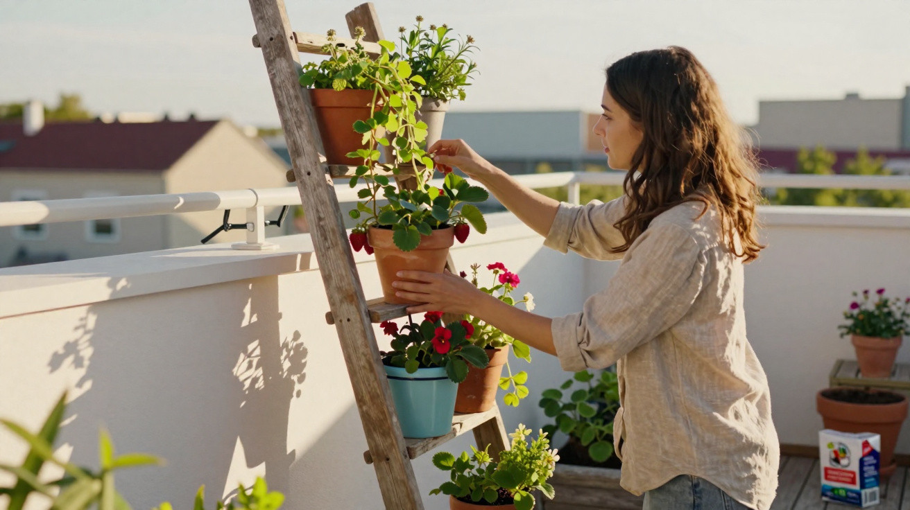 Frau pflegt Blumentöpfe auf einer hölzernen Leiter auf einem sonnigen Balkon mit Häusern im Hintergrund.