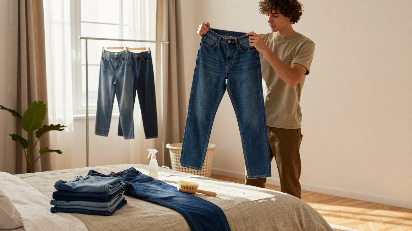 Mann hält eine Jeans hoch, daneben liegen gefaltete Jeans auf dem Bett und weitere hängen auf einem Bügel.