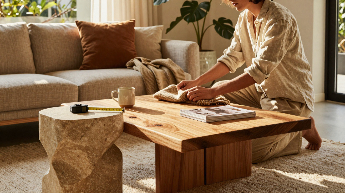 Frau kniet am Holz-Couchtisch und legt gestrickten Pullover in Wohnzimmer mit Sofa und Steinhocker.
