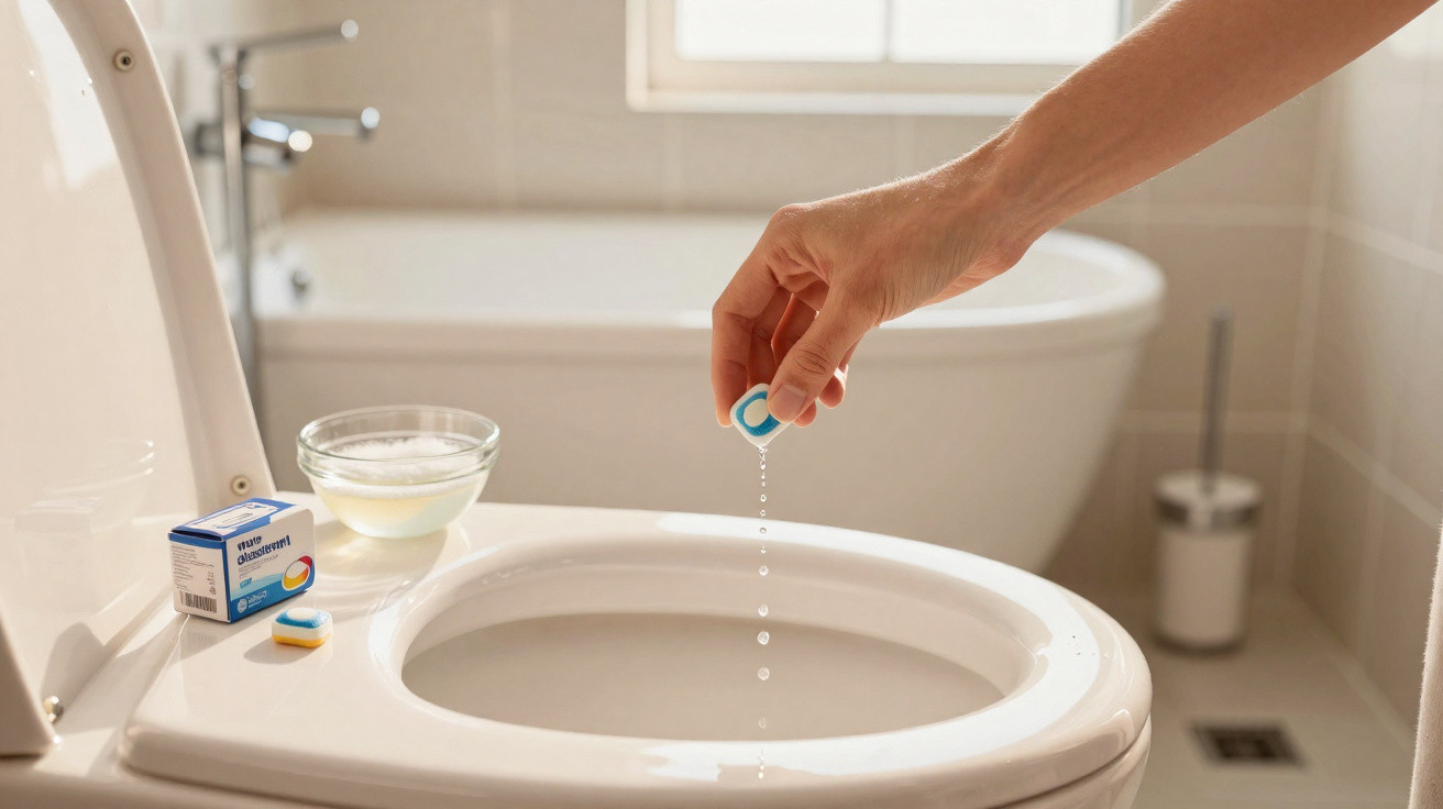 Hand tropft WC-Reinigungstablette in Toilette, auf Sitz platziert und Schüssel mit Flüssigkeit daneben
