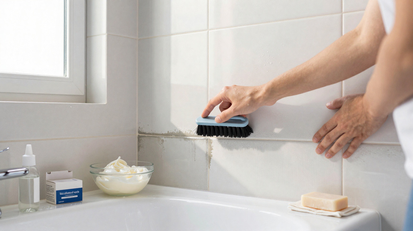 Person reinigt Fugen zwischen Badfliesen mit Bürste über einer Badewanne in hellem Badezimmer.