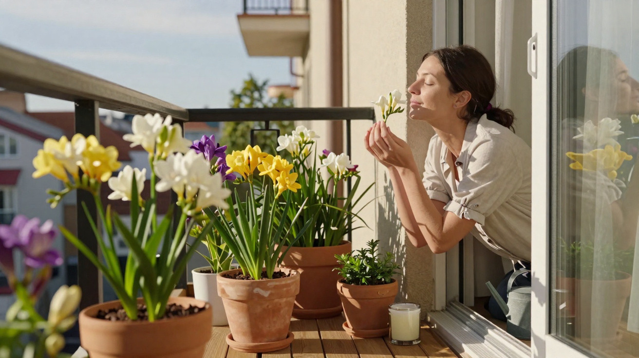 Frau riecht auf einem Balkon verschiedene bunte Blumen, Sonnenlicht fällt auf sie.