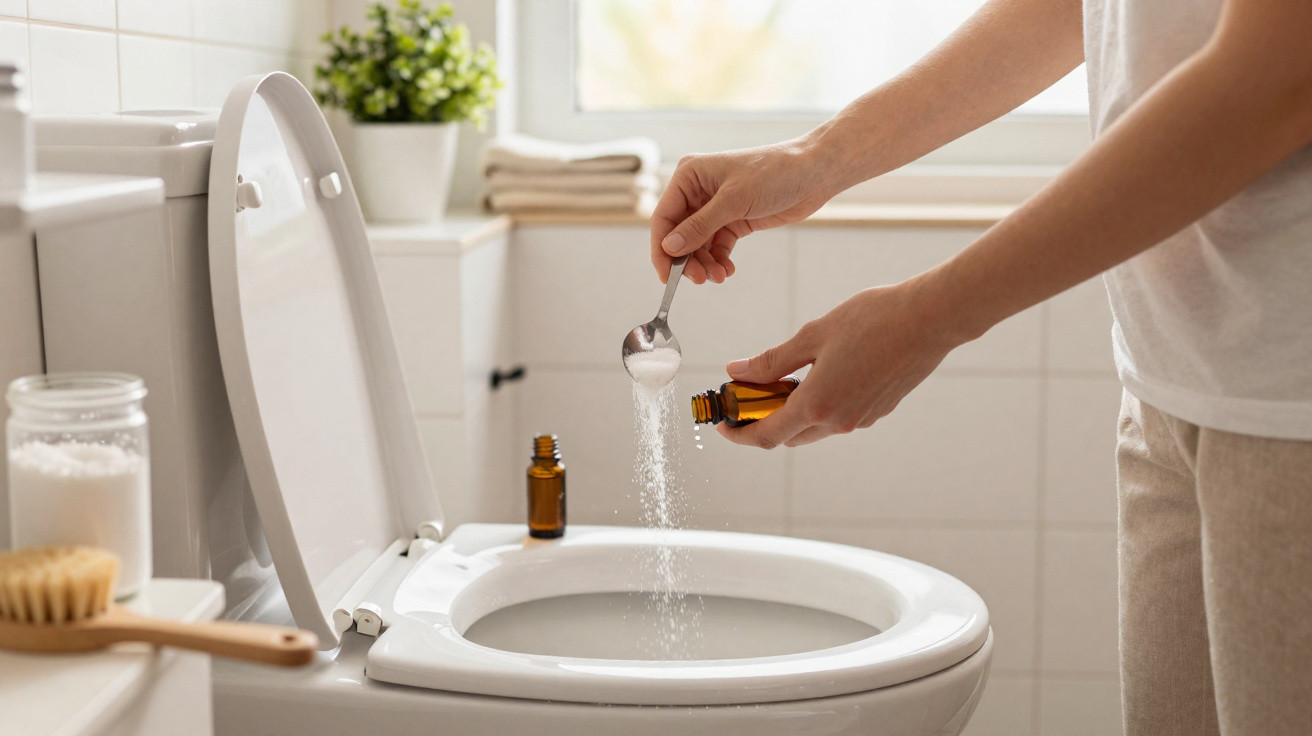 Person gibt Reinigungsmittel in ein geöffnetes weißes Toilettenbecken in einem modernen Badezimmer.